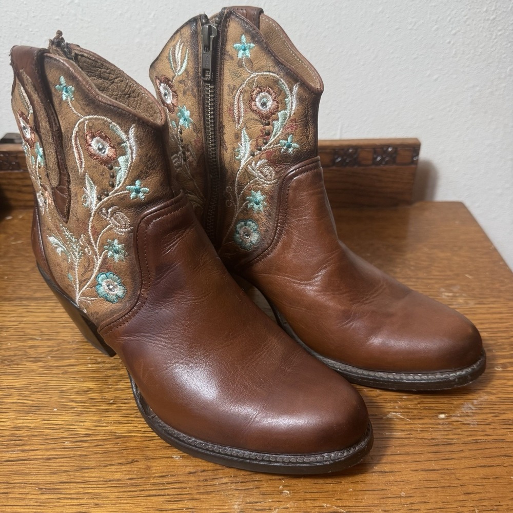 Rio Grande Women's 7.5 Brown Leather Floral Embroidered Western Ankle Boots